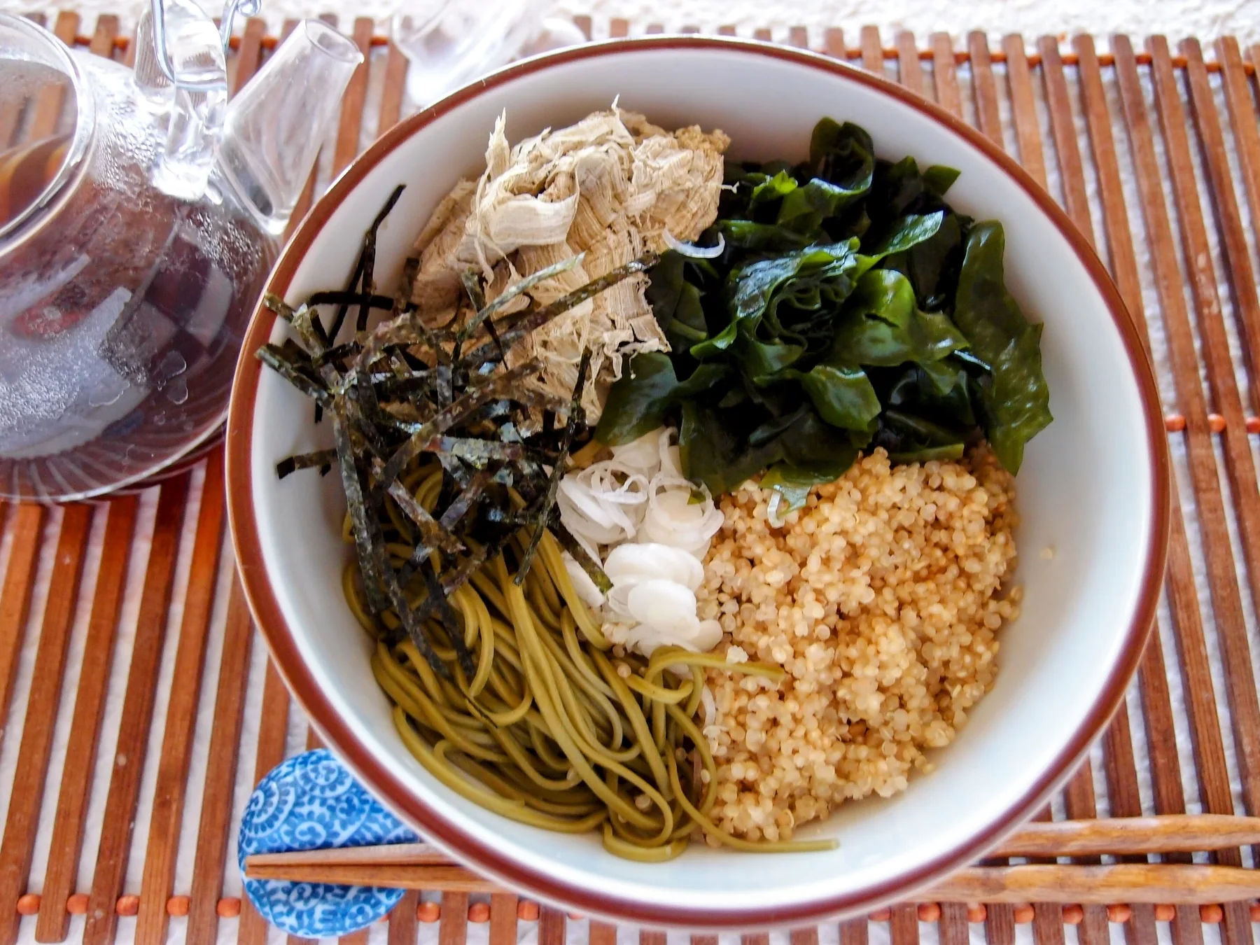 Japanese-inspired plant-based noodle bowl with seaweed and grains