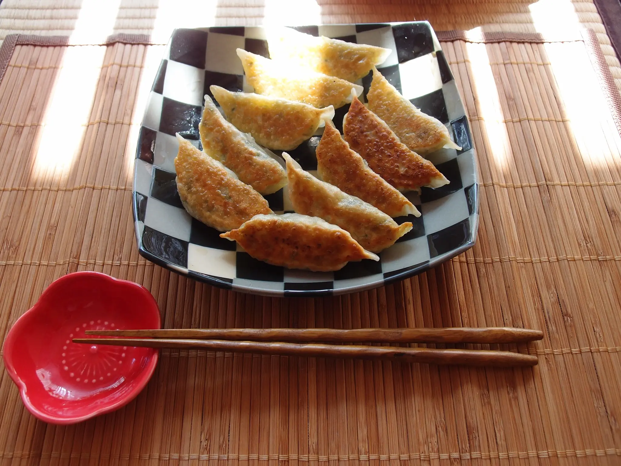 Homemade vegan gyoza arranged on a Japanese plate