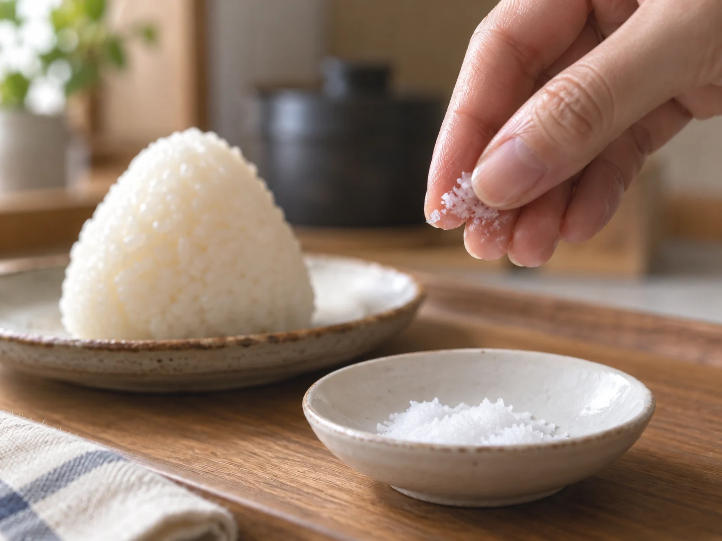 A small amount of salt on damp fingertips before shaping onigiri