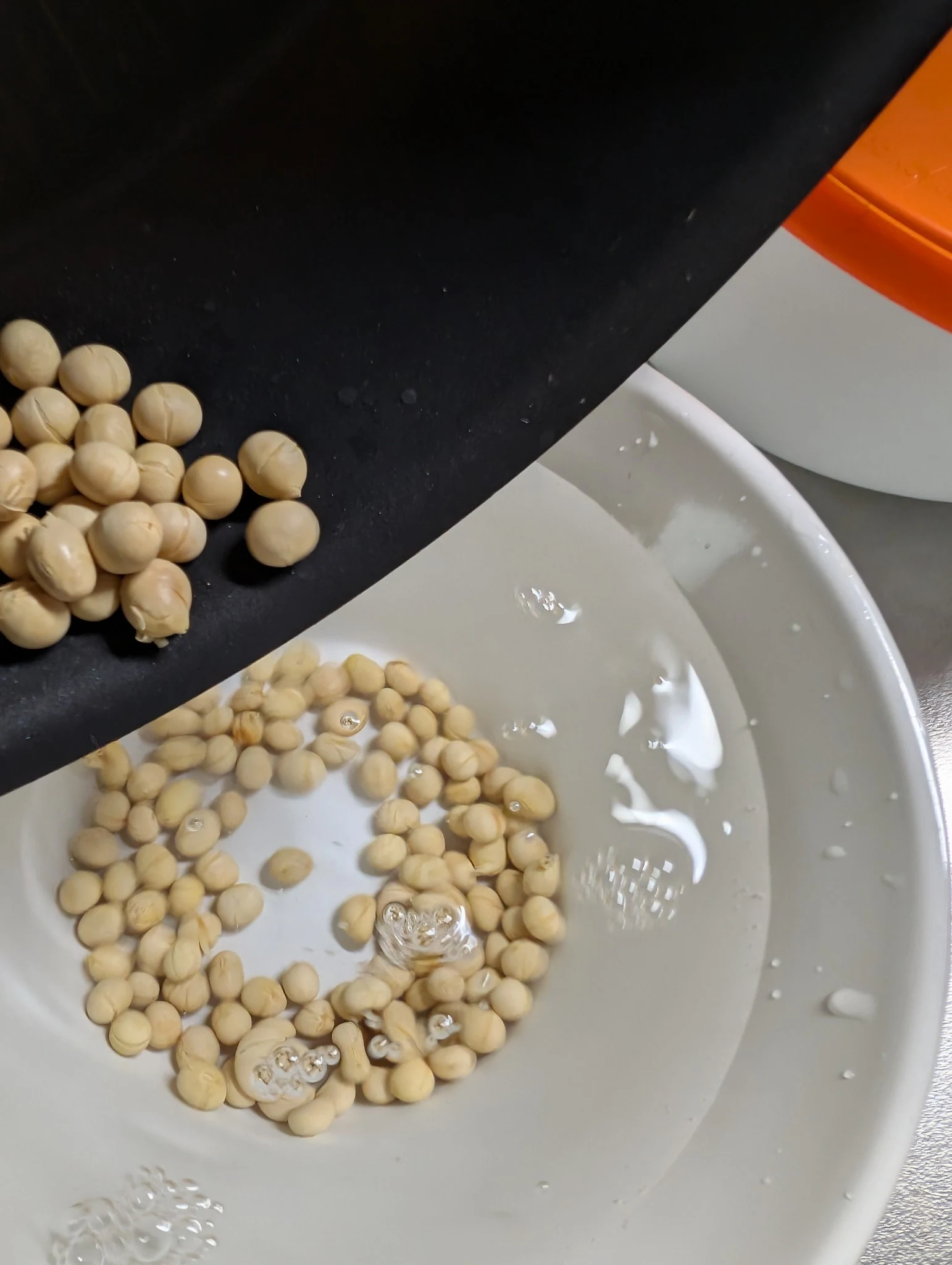 Roasted soybeans being added to hot water for soybean dashi
