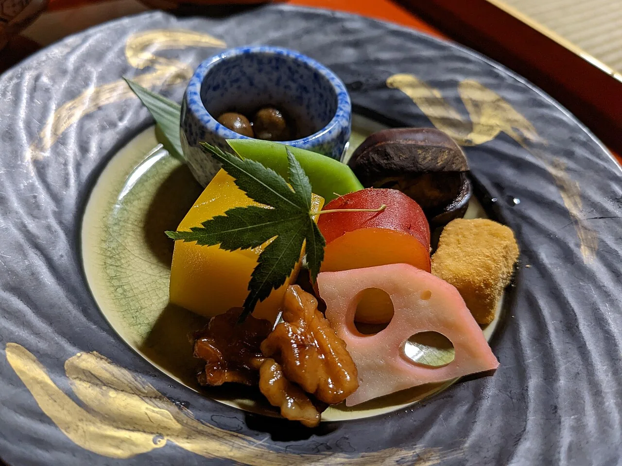 Shojin ryori appetizer with seasonal vegetables served at Fukuchiin in Japan